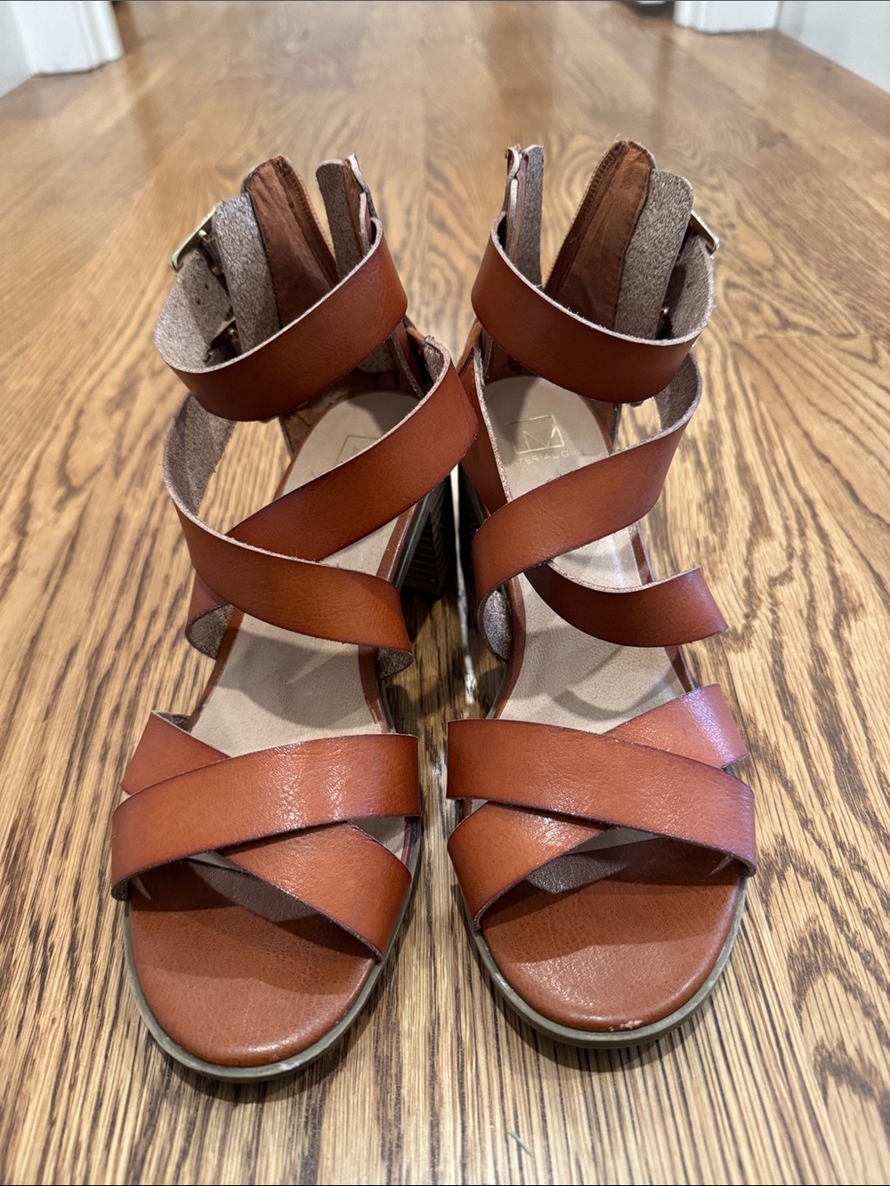 Material Girl Cognac Strappy Block Heel Sandals